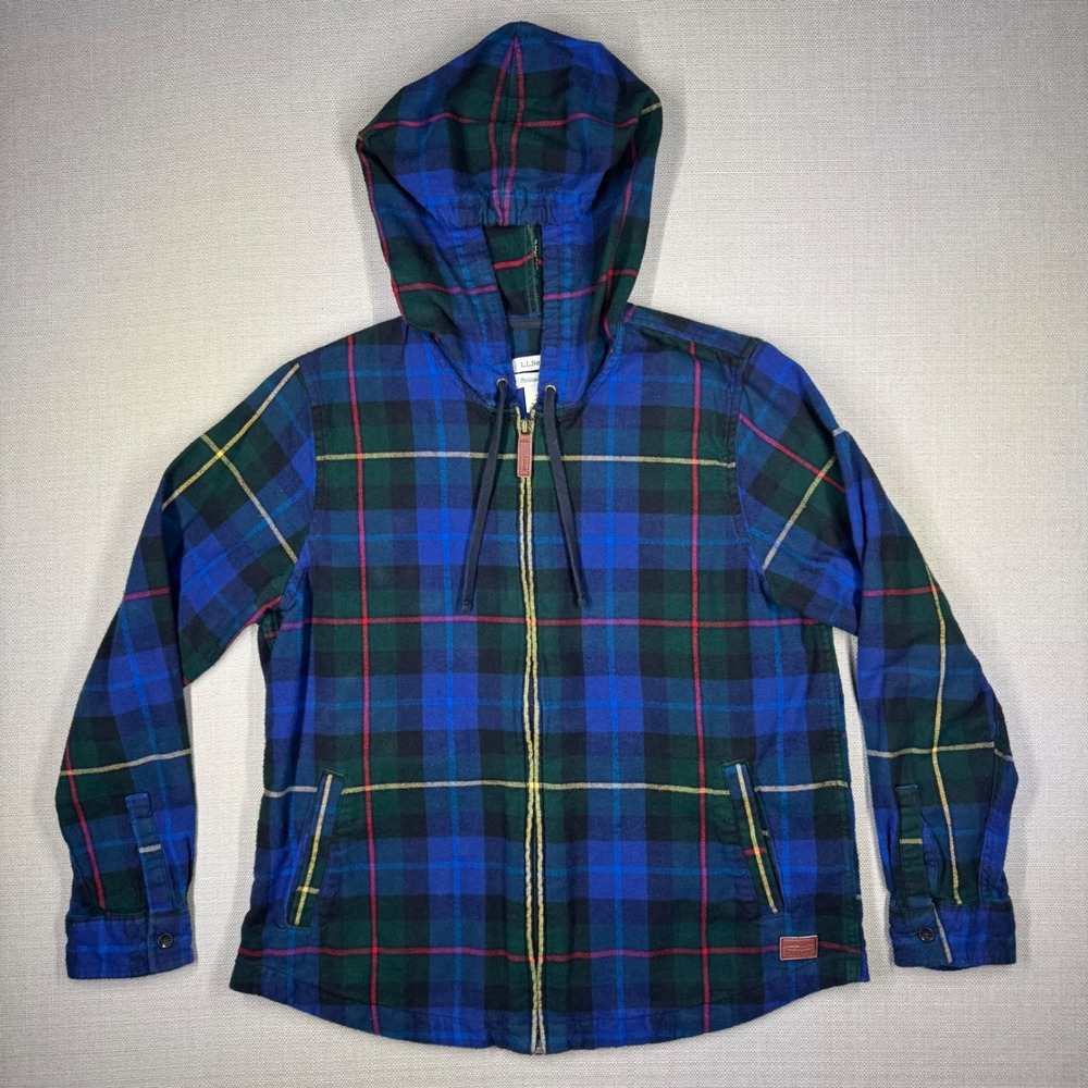 L.L. Bean Womens Scotch Plaid Flannel Full Zip Hoodie Size Small Petite Blue